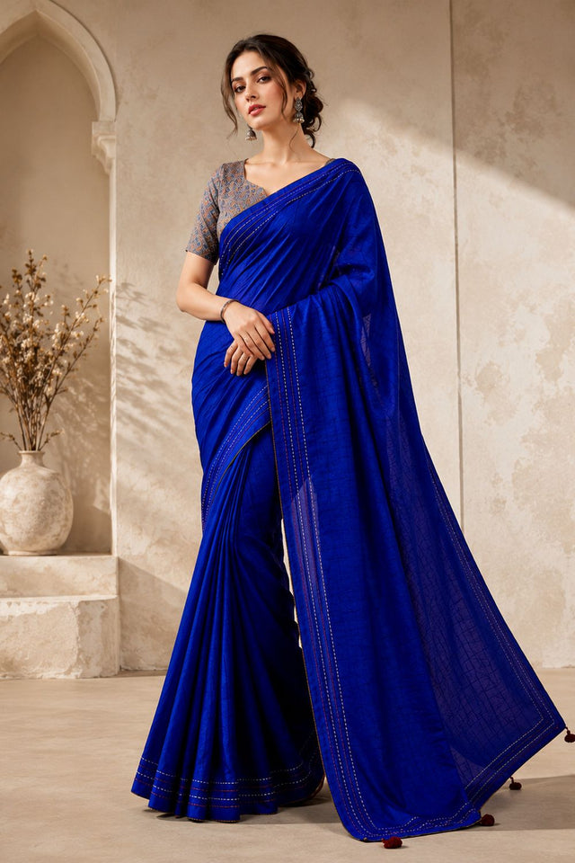 Blue Solid Woven Tissue Saree (ACB1227)