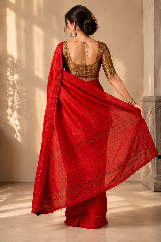 Red Solid Woven Tissue Saree (ACB1228)