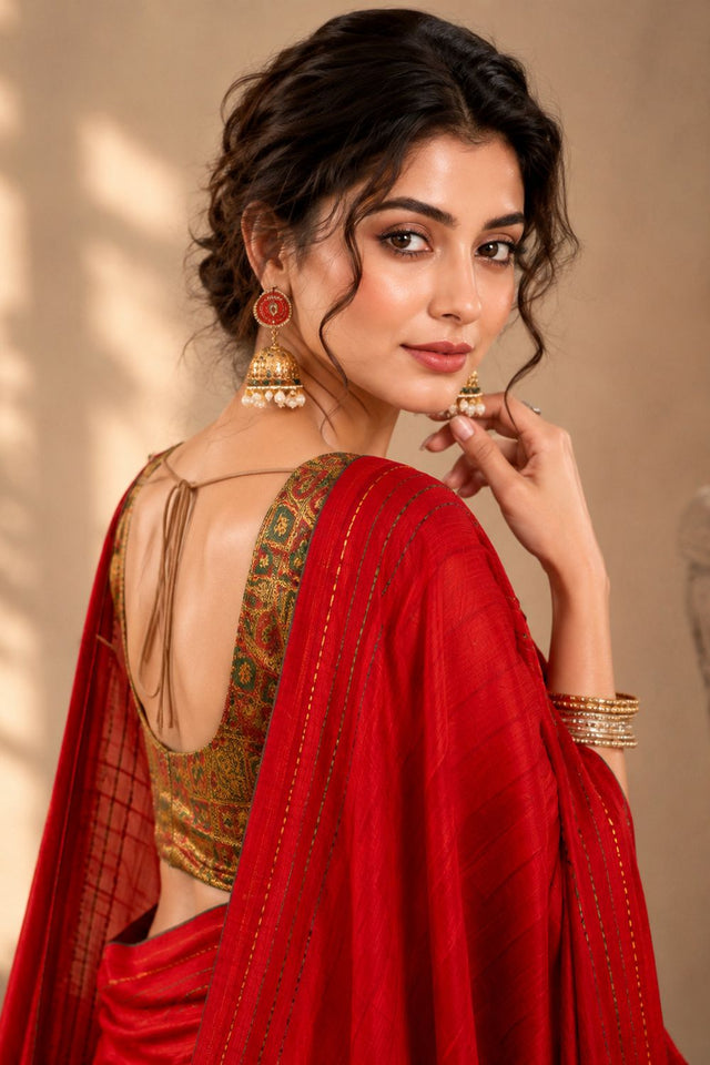Red Solid Woven Tissue Saree (ACB1228)