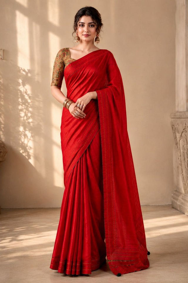 Red Solid Woven Tissue Saree (ACB1228)