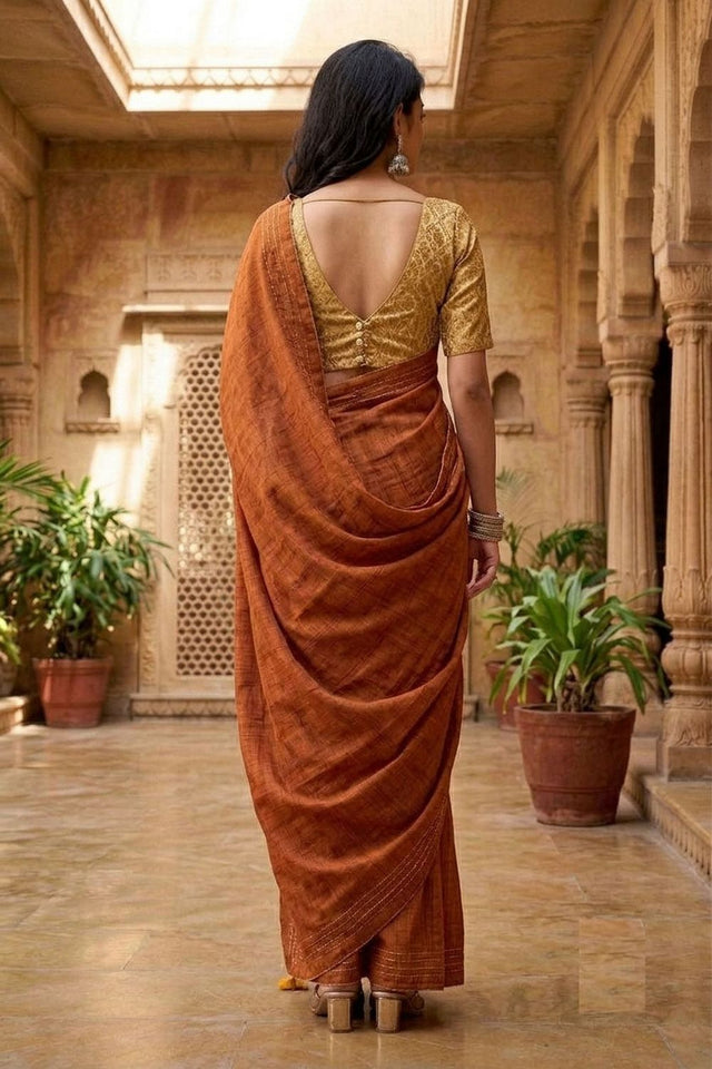 Rust Solid Woven Tissue Saree (ACB1229)