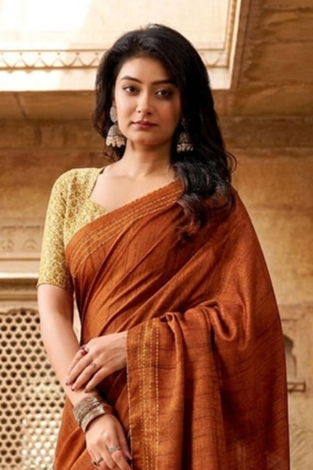 Rust Solid Woven Tissue Saree (ACB1229)