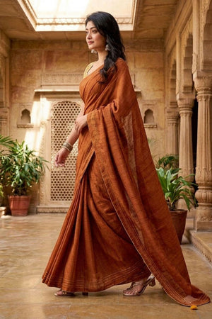 Rust Solid Woven Tissue Saree (ACB1229)