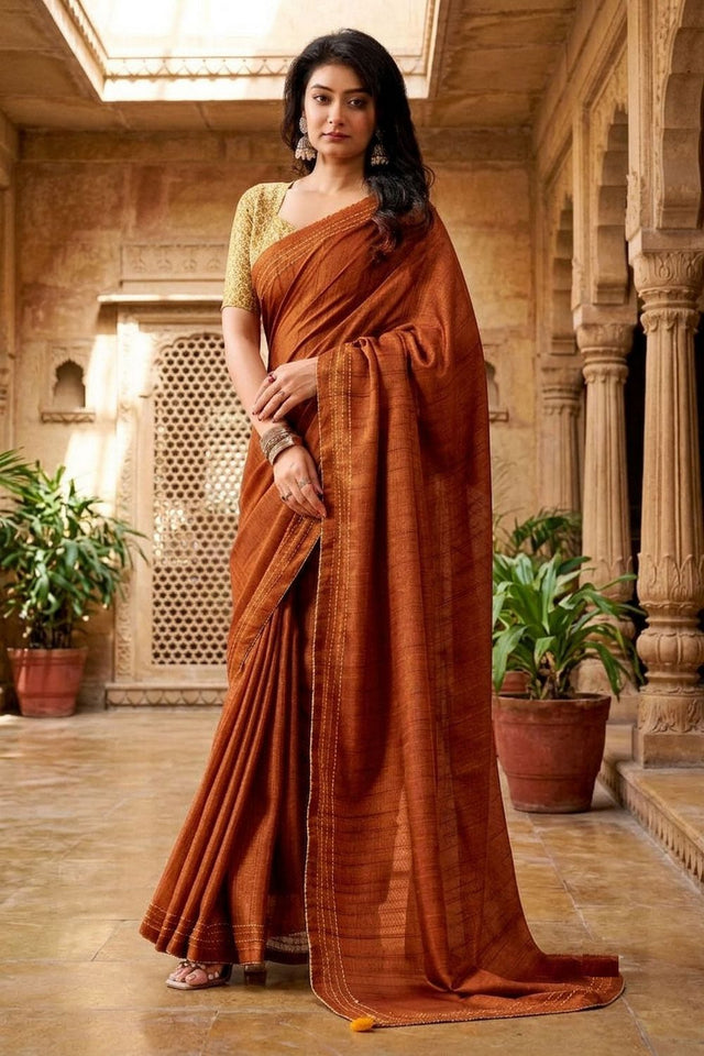 Rust Solid Woven Tissue Saree (ACB1229)