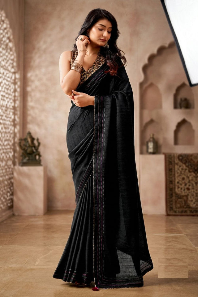 Black Solid Woven Tissue Saree (ACB1230)