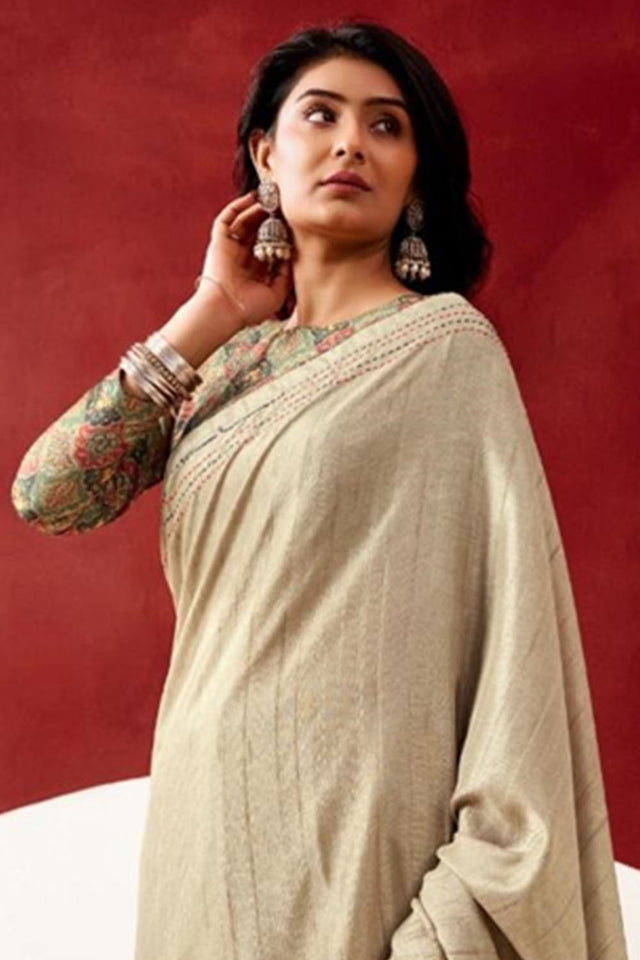 Beige Solid Woven Tissue Saree (ACB1231)