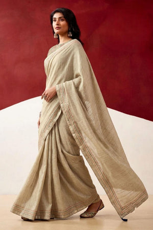 Beige Solid Woven Tissue Saree (ACB1231)