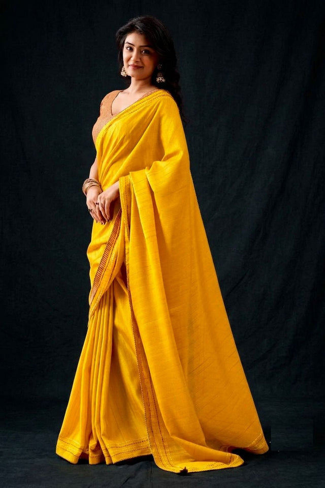 Yellow Solid Woven Tissue Saree (ACB1232)