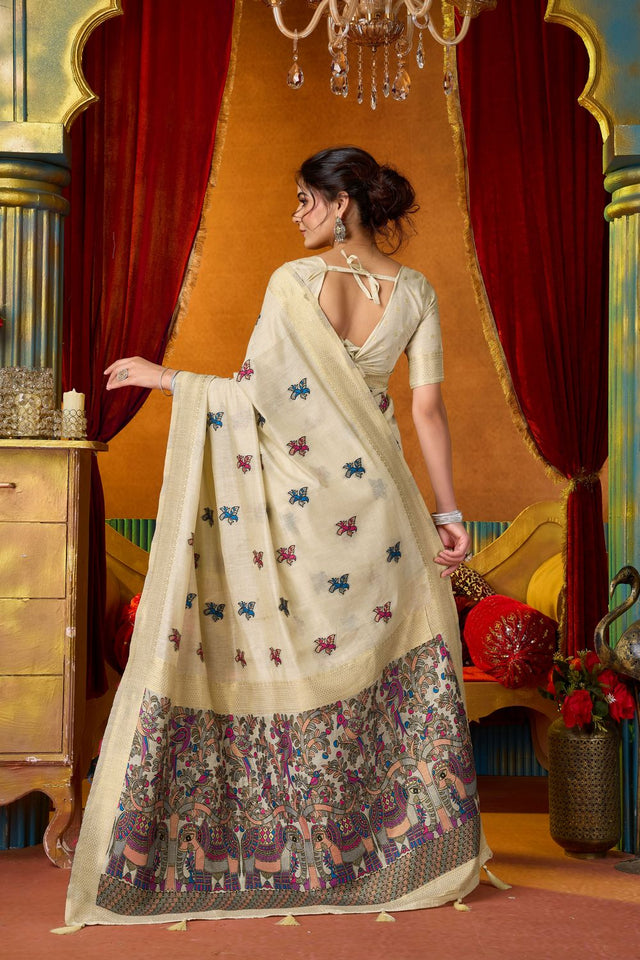 Cream Embroidered Silk Saree (ACB1236)