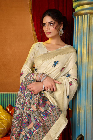 Cream Embroidered Silk Saree (ACB1236)