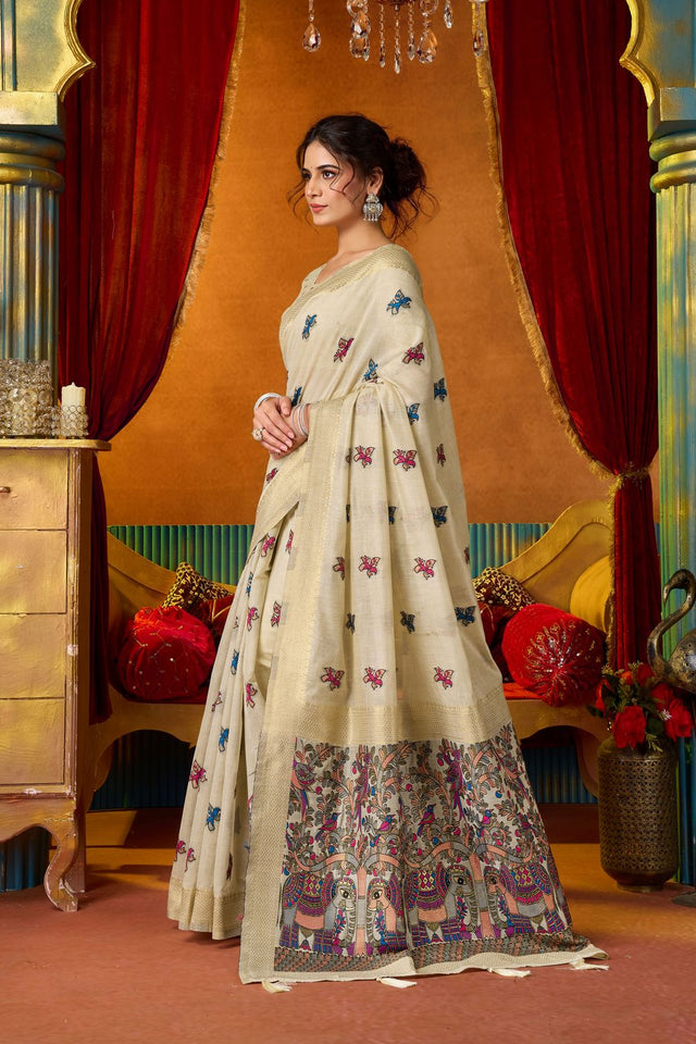 Cream Embroidered Silk Saree (ACB1236)