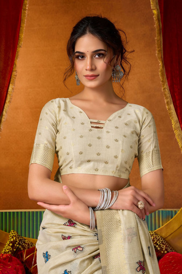 Cream Embroidered Silk Saree (ACB1236)
