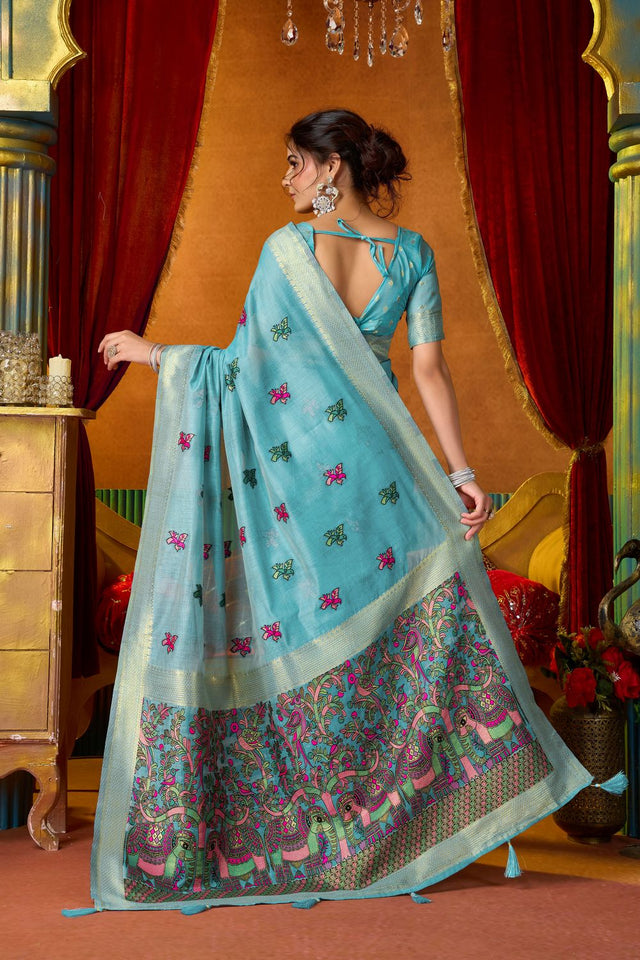 Blue Embroidered Silk Saree (ACB1240)