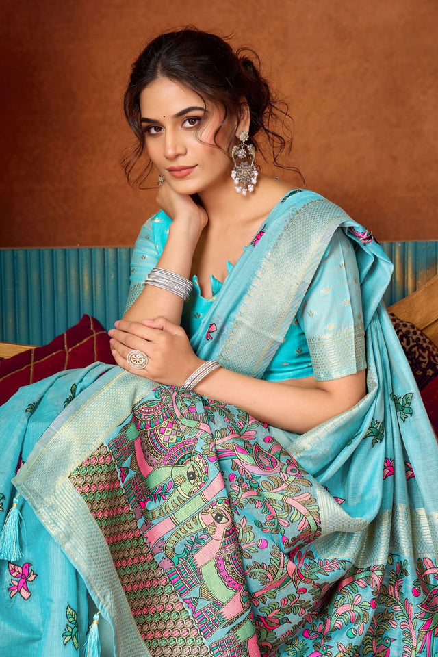 Blue Embroidered Silk Saree (ACB1240)