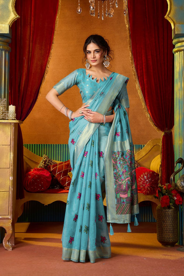 Blue Embroidered Silk Saree (ACB1240)