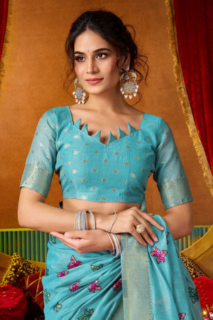 Blue Embroidered Silk Saree (ACB1240)