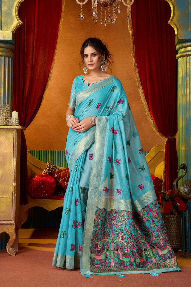 Blue Embroidered Silk Saree (ACB1240)