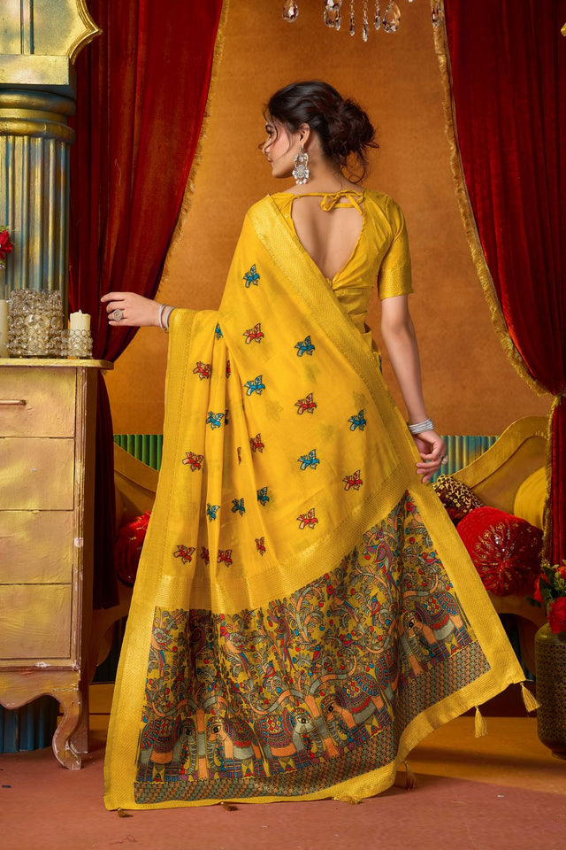 Yellow Embroidered Silk Saree (ACB1241)