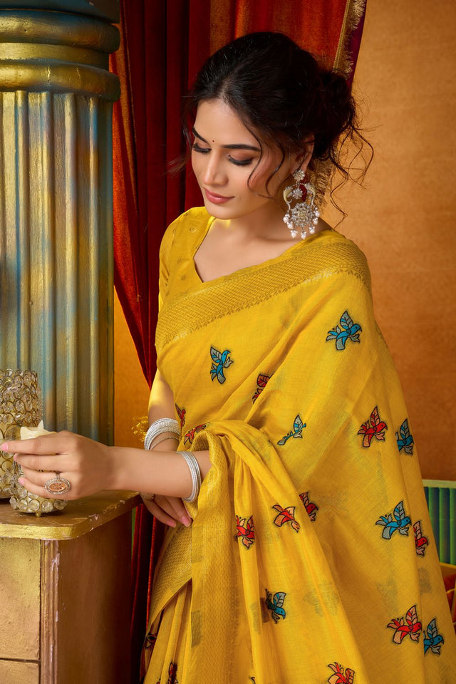 Yellow Embroidered Silk Saree (ACB1241)