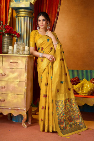 Yellow Embroidered Silk Saree (ACB1241)