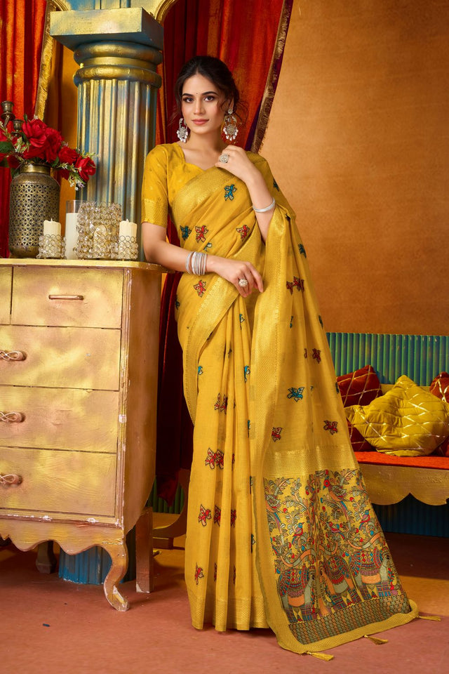 Yellow Embroidered Silk Saree (ACB1241)