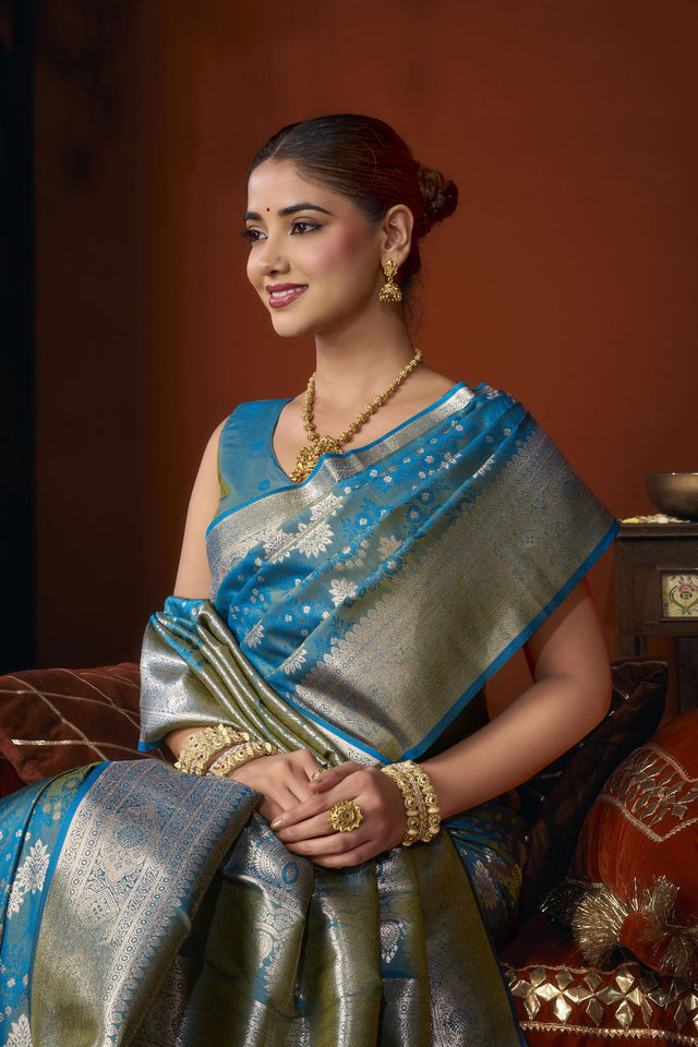 Turquoise Jacquard Woven Soft Silk Saree (ACB1243)