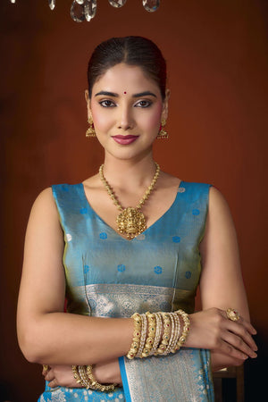 Turquoise Jacquard Woven Soft Silk Saree (ACB1243)