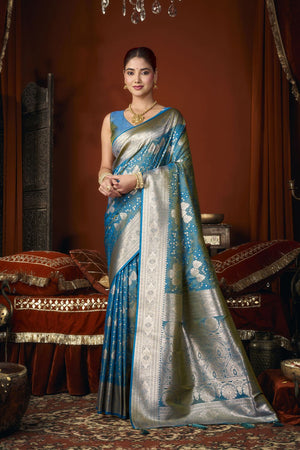 Turquoise Jacquard Woven Soft Silk Saree (ACB1243)
