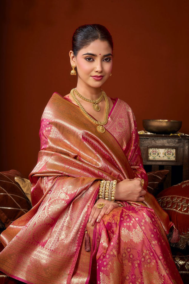Pink Jacquard Woven Soft Silk Saree (ACB1244)