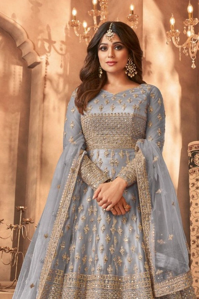 Grey Sequin with Embroidered Net Anarkali Suit (ACB1249)