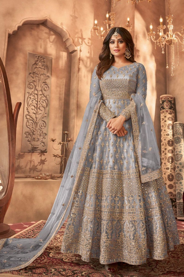 Grey Sequin with Embroidered Net Anarkali Suit (ACB1249)