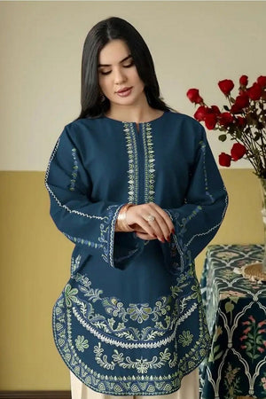 Turquoise Floral Embroidered Silk Kurti Pant Set (ACB1252)