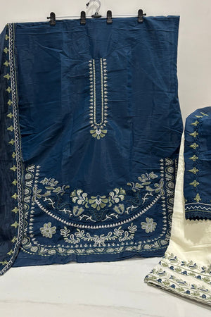 Turquoise Floral Embroidered Silk Kurti Pant Set (ACB1252)