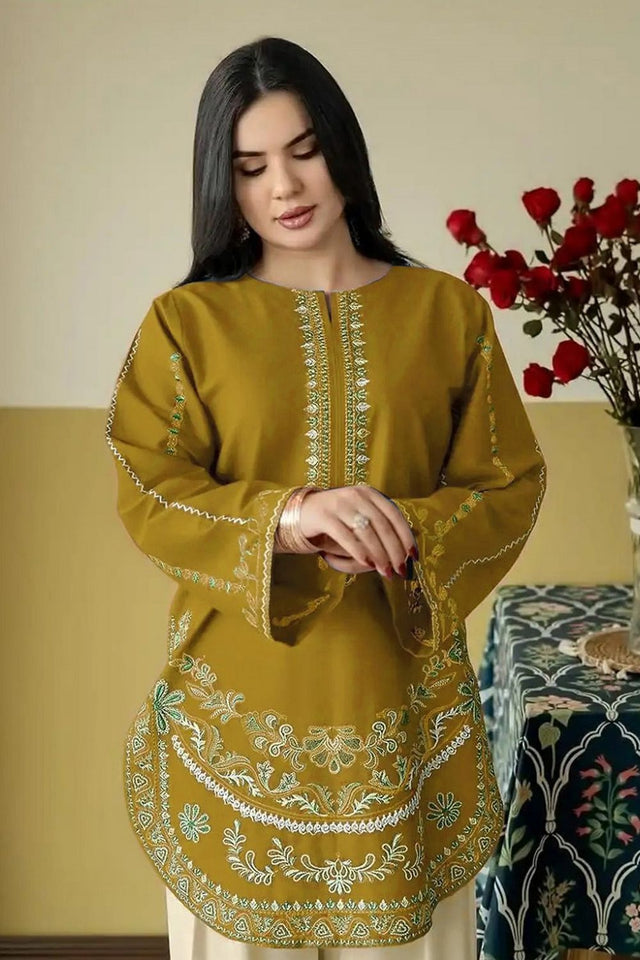 Mustard Floral Embroidered Silk Kurti Pant Set (ACB1253)