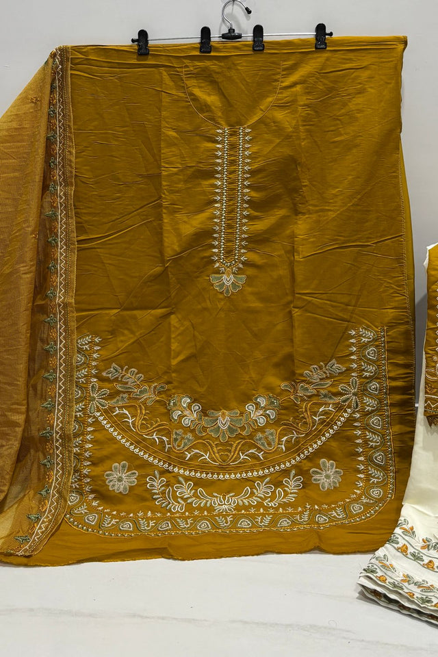 Mustard Floral Embroidered Silk Kurti Pant Set (ACB1253)