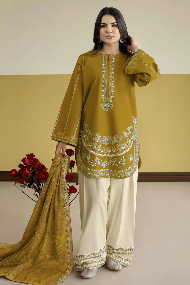 Mustard Floral Embroidered Silk Kurti Pant Set (ACB1253)