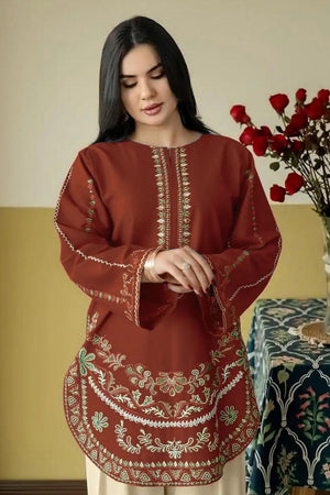 Rust Floral Embroidered Silk Kurti Pant Set (ACB1254)