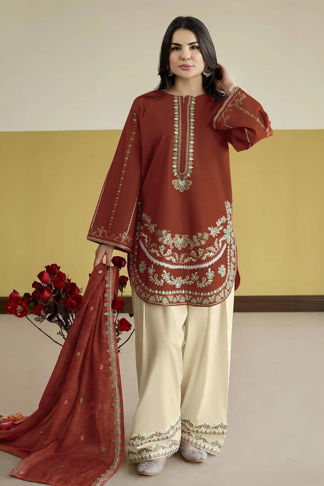 Rust Floral Embroidered Silk Kurti Pant Set (ACB1254)