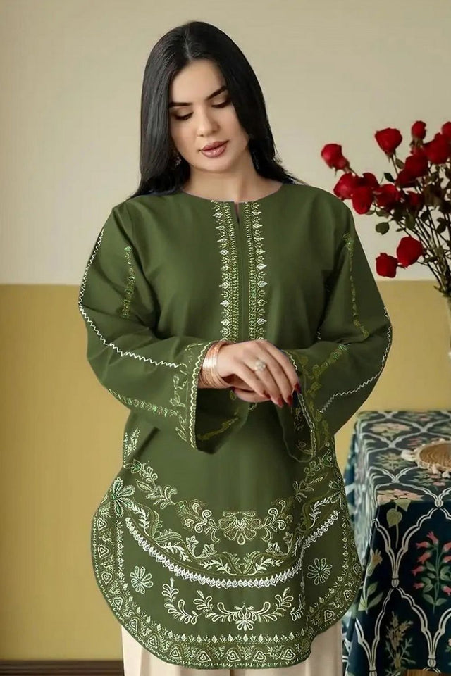 Mehendi Floral Embroidered Silk Kurti Pant Set (ACB1255)