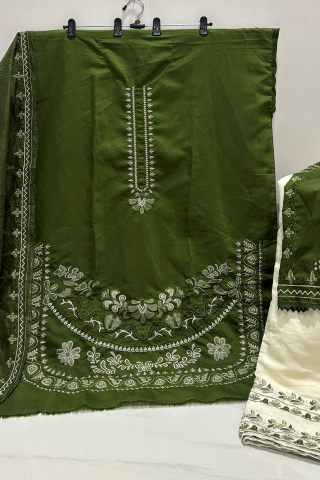 Mehendi Floral Embroidered Silk Kurti Pant Set (ACB1255)