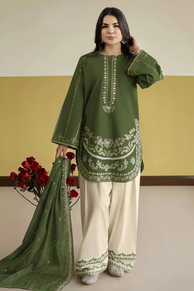 Mehendi Floral Embroidered Silk Kurti Pant Set (ACB1255)