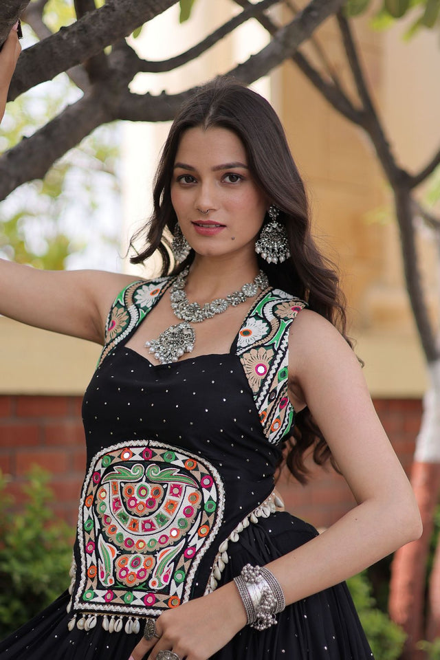 Black Printed with Embroidered Rayon Lehenga (ACB1256)