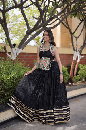 Black Printed with Embroidered Rayon Lehenga (ACB1256)