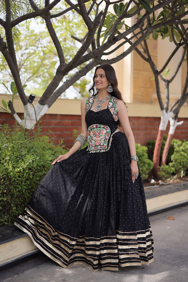 Black Printed with Embroidered Rayon Lehenga (ACB1256)
