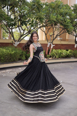 Black Printed with Embroidered Rayon Lehenga (ACB1256)