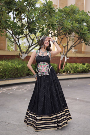 Black Printed with Embroidered Rayon Lehenga (ACB1256)