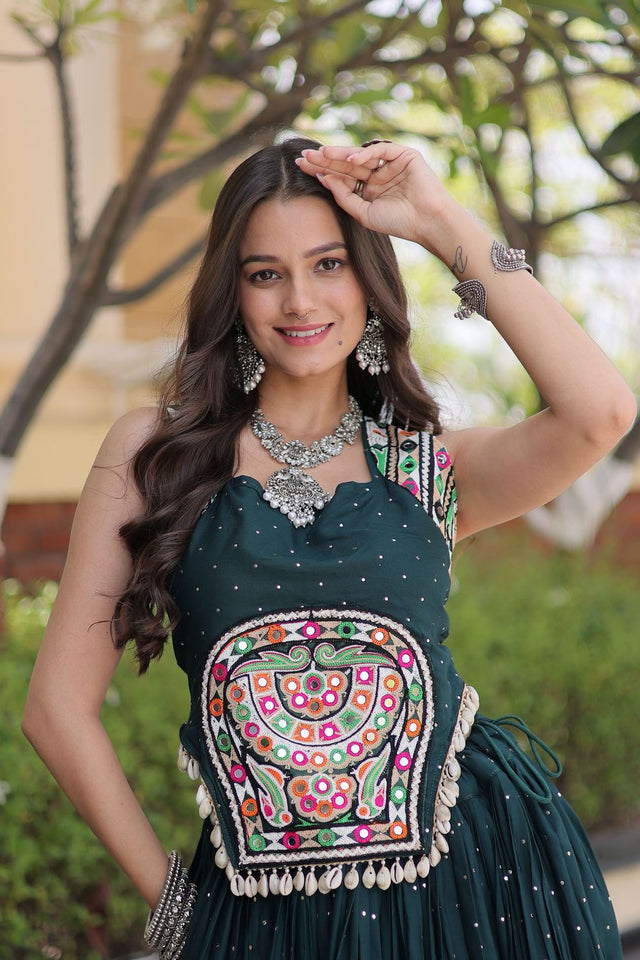 Green Printed with Embroidered Rayon Lehenga (ACB1257)