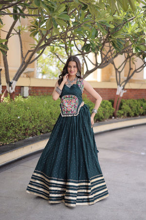 Green Printed with Embroidered Rayon Lehenga (ACB1257)