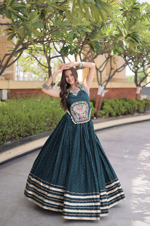 Green Printed with Embroidered Rayon Lehenga (ACB1257)