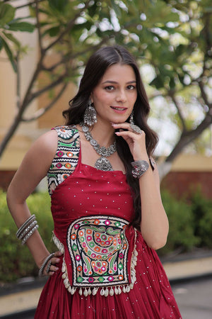 Maroon Printed with Embroidered Rayon Lehenga (ACB1258)